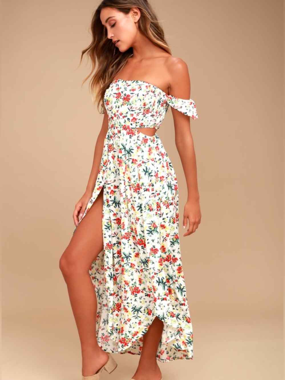 LUSH Floral Cutout Off Shoulder High Low Maxi Dress Small